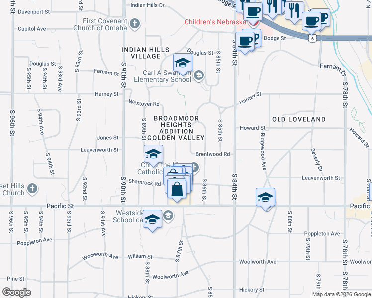 map of restaurants, bars, coffee shops, grocery stores, and more near 523 Brentwood Road in Omaha
