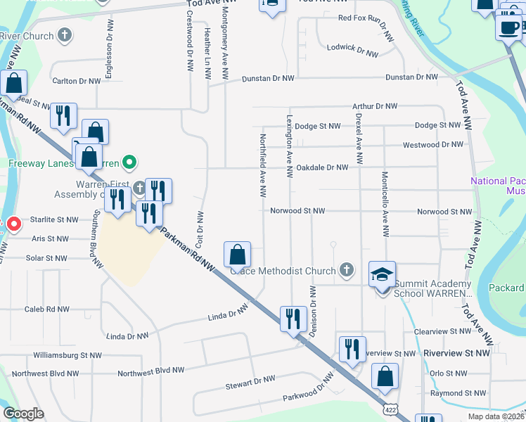 map of restaurants, bars, coffee shops, grocery stores, and more near 2099 Northfield Avenue Northwest in Warren