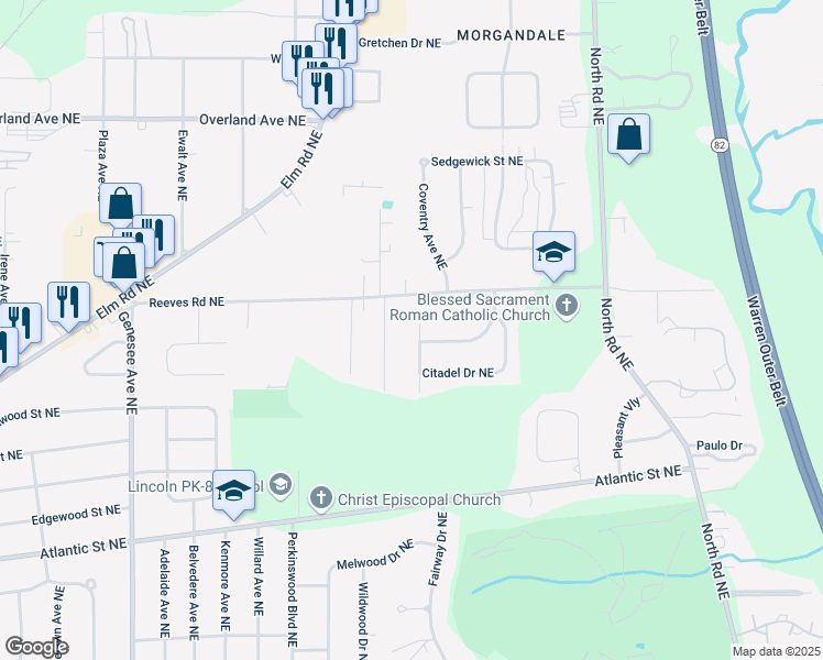 map of restaurants, bars, coffee shops, grocery stores, and more near 1590 Stafford Drive Northeast in Warren