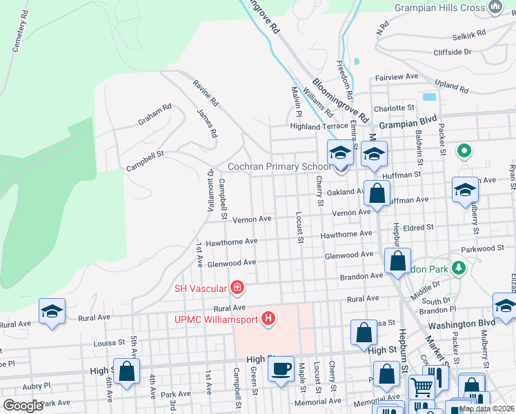 map of restaurants, bars, coffee shops, grocery stores, and more near 1300-1498 Woodmont Ave in Williamsport
