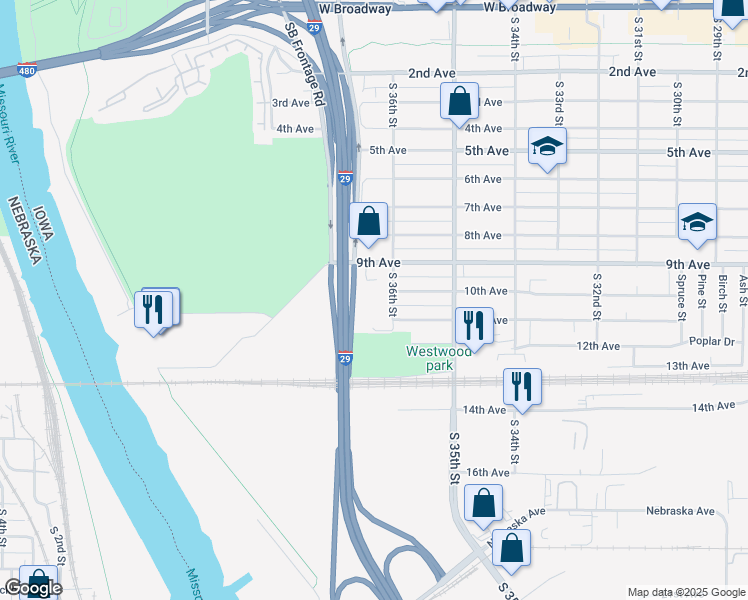 map of restaurants, bars, coffee shops, grocery stores, and more near 3619 9th Avenue in Council Bluffs
