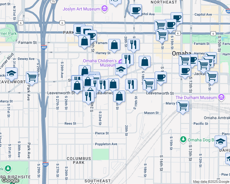 map of restaurants, bars, coffee shops, grocery stores, and more near 707 South 22nd Street in Omaha