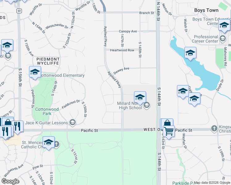 map of restaurants, bars, coffee shops, grocery stores, and more near 1010 South 144th Street in Omaha