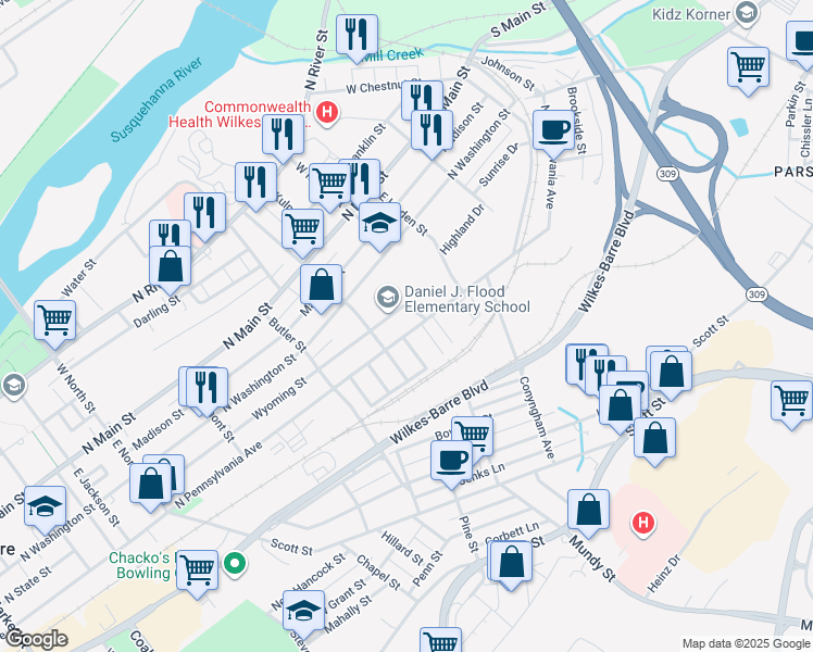 map of restaurants, bars, coffee shops, grocery stores, and more near 305 Wyoming Street in Wilkes-Barre