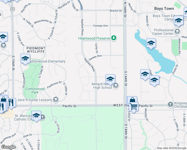 map of restaurants, bars, coffee shops, grocery stores, and more near 1010 South 144th Street in Omaha