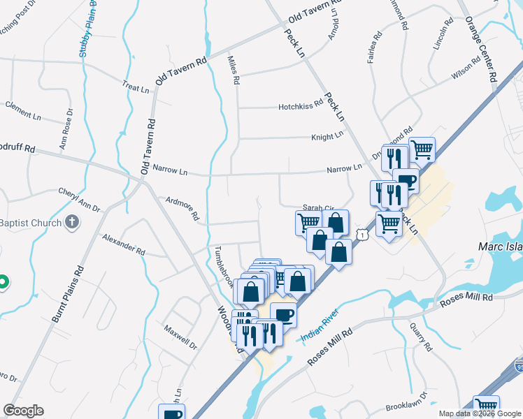 map of restaurants, bars, coffee shops, grocery stores, and more near 78 Candlewood Road in Orange
