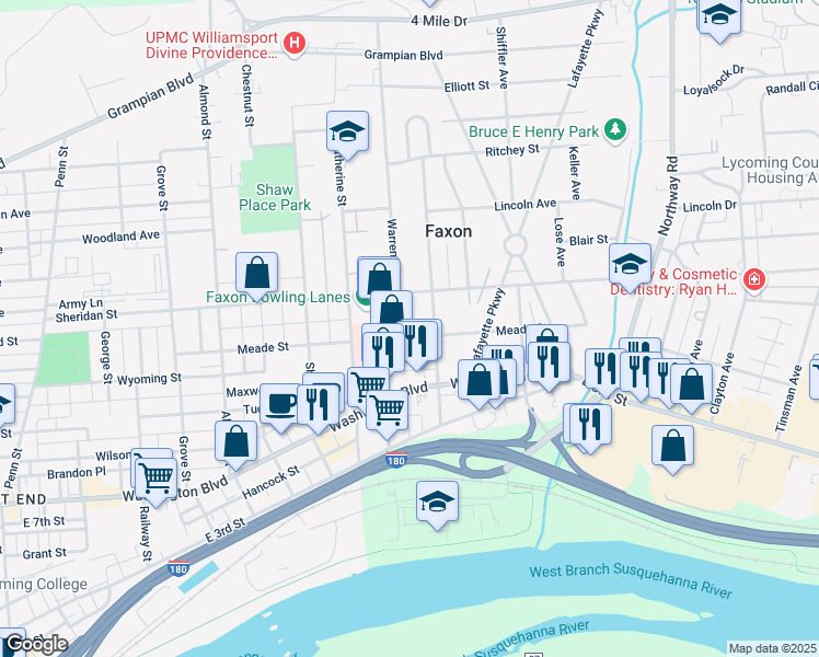 map of restaurants, bars, coffee shops, grocery stores, and more near 743 Pennsylvania Avenue in Williamsport