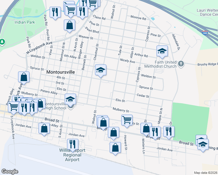 map of restaurants, bars, coffee shops, grocery stores, and more near 900 Spruce Street in Montoursville