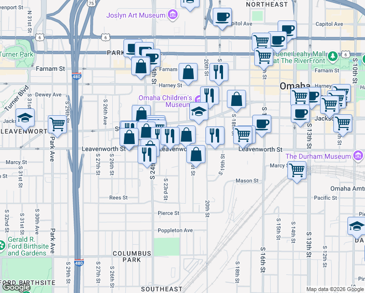 map of restaurants, bars, coffee shops, grocery stores, and more near 707 South 22nd Street in Omaha