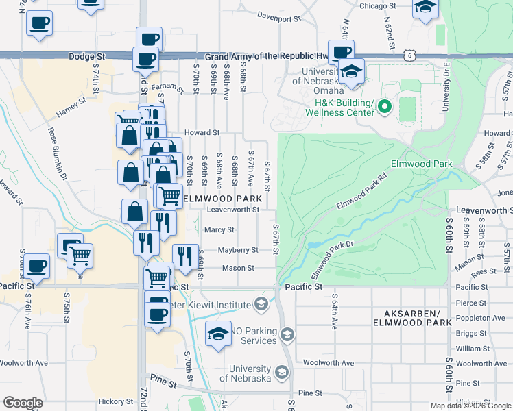 map of restaurants, bars, coffee shops, grocery stores, and more near 708 South 67th Street in Omaha