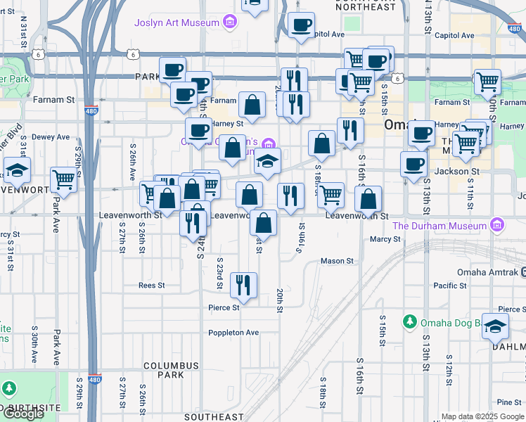 map of restaurants, bars, coffee shops, grocery stores, and more near 2010 Leavenworth Street in Omaha