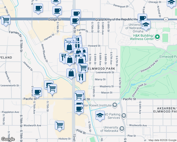 map of restaurants, bars, coffee shops, grocery stores, and more near 740 South 70th Street in Omaha