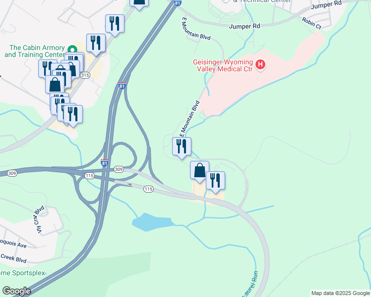 map of restaurants, bars, coffee shops, grocery stores, and more near 1000 East Mountain Boulevard in Wilkes-Barre