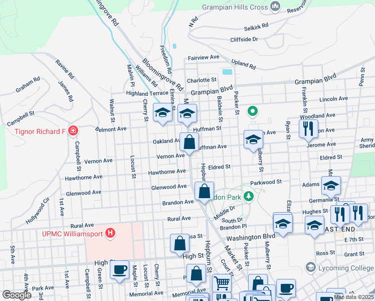 map of restaurants, bars, coffee shops, grocery stores, and more near 1125 Market Street in Williamsport