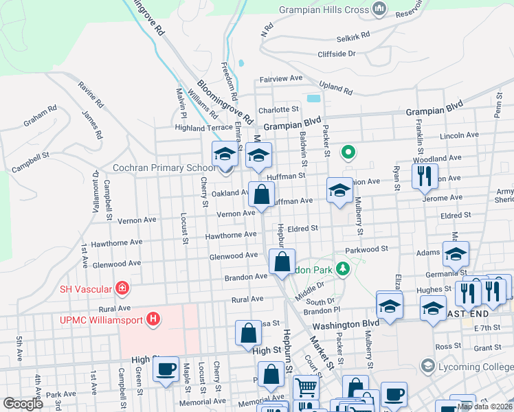 map of restaurants, bars, coffee shops, grocery stores, and more near 1140 Market Street in Williamsport