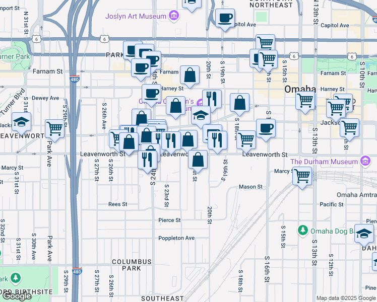 map of restaurants, bars, coffee shops, grocery stores, and more near 707 South 22nd Street in Omaha