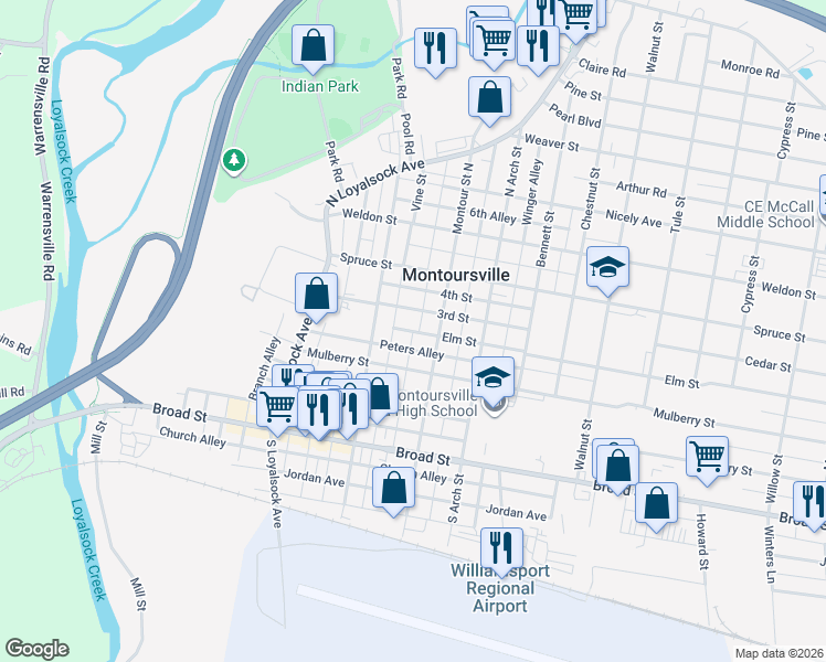 map of restaurants, bars, coffee shops, grocery stores, and more near Tomlinson Alley in Montoursville