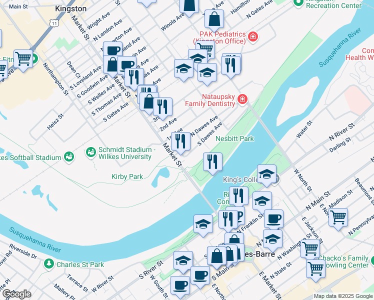 map of restaurants, bars, coffee shops, grocery stores, and more near 39 South Dawes Avenue in Kingston
