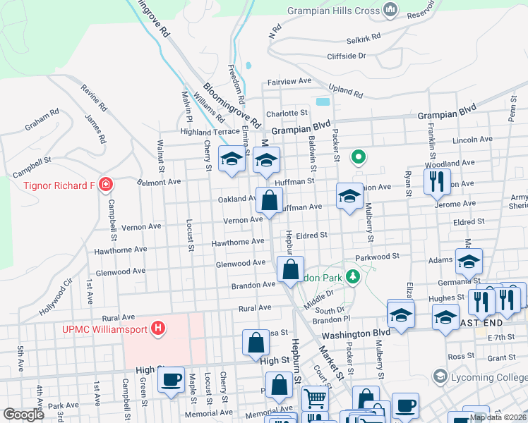 map of restaurants, bars, coffee shops, grocery stores, and more near 1140 Market Street in Williamsport