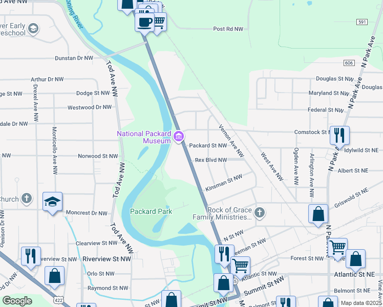map of restaurants, bars, coffee shops, grocery stores, and more near 833 Packard Street Northwest in Warren