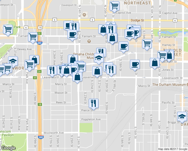 map of restaurants, bars, coffee shops, grocery stores, and more near 707 South 22nd Street in Omaha
