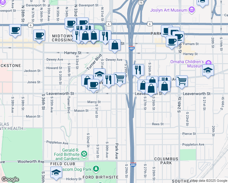 map of restaurants, bars, coffee shops, grocery stores, and more near 709 South 30th Street in Omaha