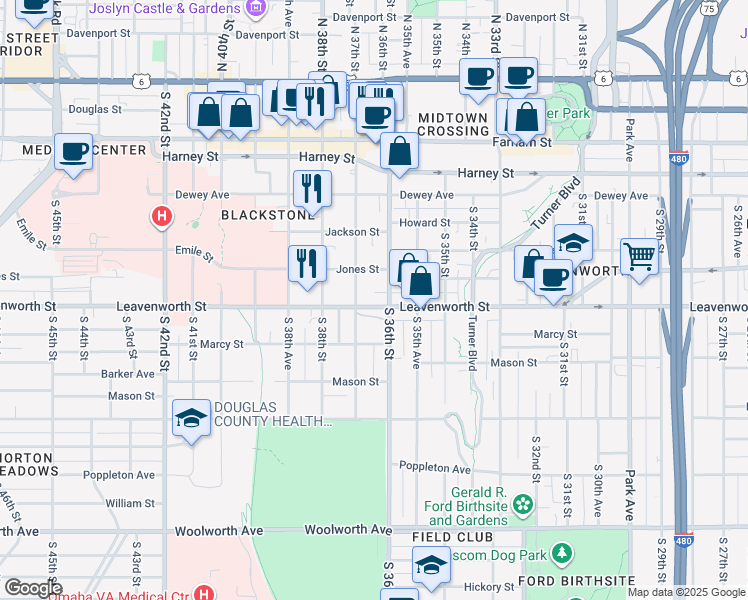 map of restaurants, bars, coffee shops, grocery stores, and more near 719 South 37th Street in Omaha