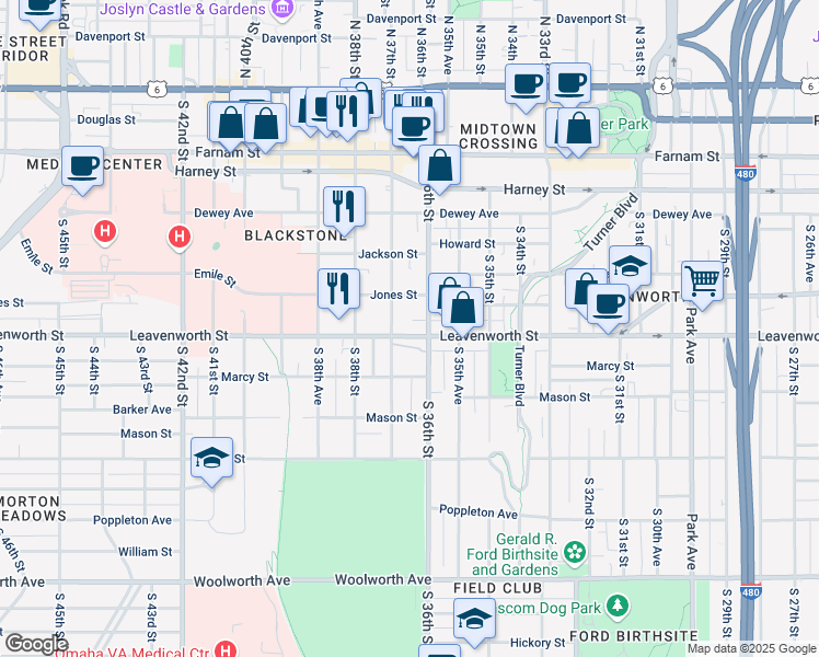 map of restaurants, bars, coffee shops, grocery stores, and more near 719 South 37th Street in Omaha