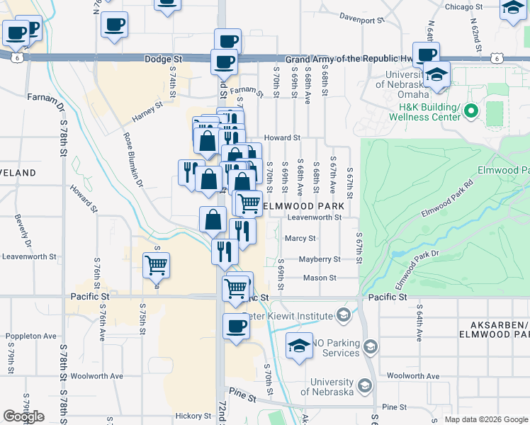 map of restaurants, bars, coffee shops, grocery stores, and more near 740 South 70th Street in Omaha