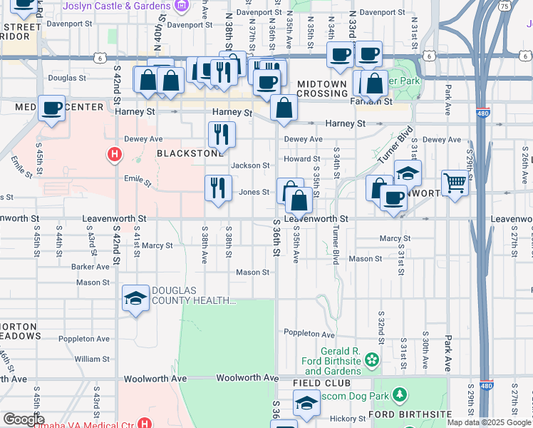 map of restaurants, bars, coffee shops, grocery stores, and more near 719 South 37th Street in Omaha