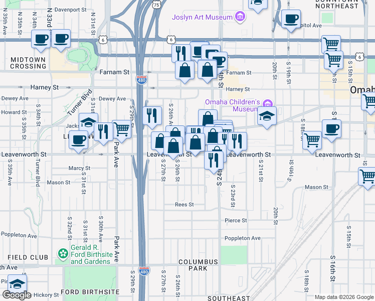 map of restaurants, bars, coffee shops, grocery stores, and more near in Omaha