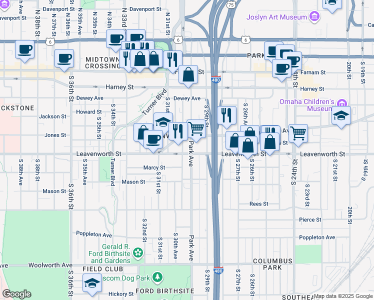 map of restaurants, bars, coffee shops, grocery stores, and more near 2934 Leavenworth Street in Omaha