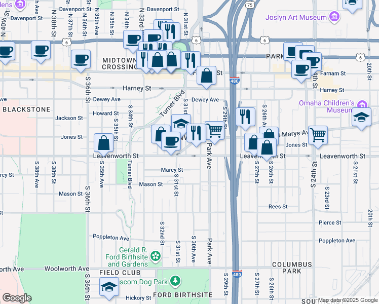 map of restaurants, bars, coffee shops, grocery stores, and more near 3020 Leavenworth Street in Omaha