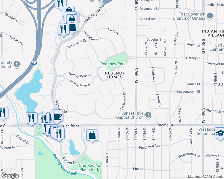 map of restaurants, bars, coffee shops, grocery stores, and more near 9720 Brentwood Road in Omaha