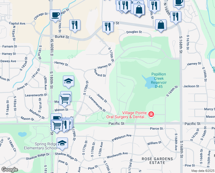 map of restaurants, bars, coffee shops, grocery stores, and more near 569 South 175th Circle in Omaha