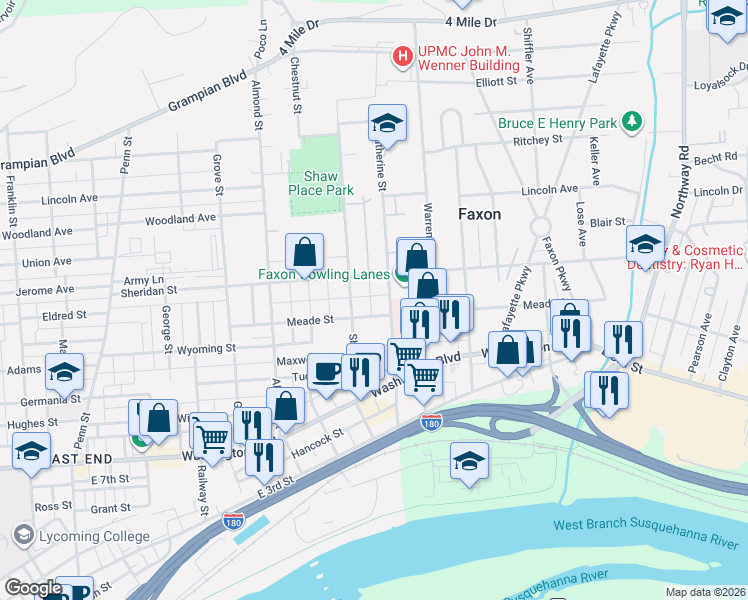 map of restaurants, bars, coffee shops, grocery stores, and more near 1140 Sheridan Street in Williamsport