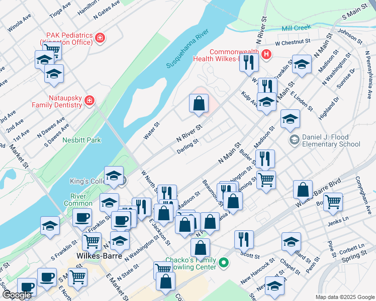 map of restaurants, bars, coffee shops, grocery stores, and more near 125 Darling Street in Wilkes-Barre