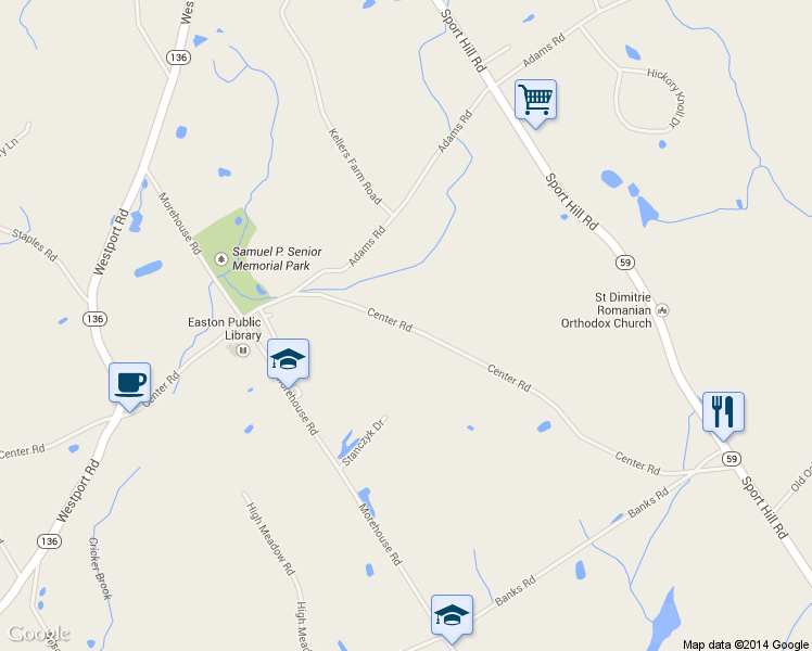 map of restaurants, bars, coffee shops, grocery stores, and more near 165 Center Road in Easton