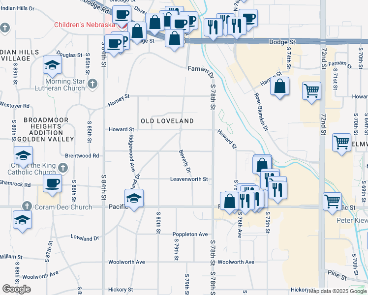map of restaurants, bars, coffee shops, grocery stores, and more near 517 Beverly Drive in Omaha