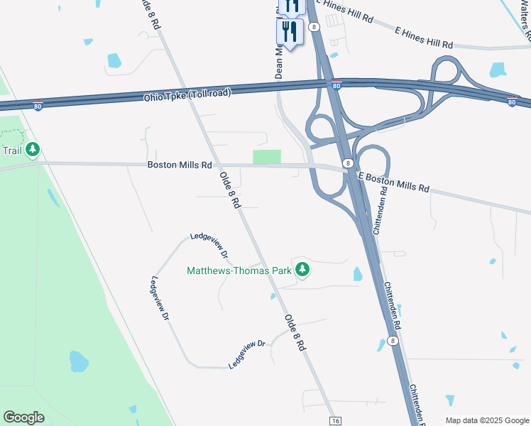 map of restaurants, bars, coffee shops, grocery stores, and more near 6877 Olde 8 Road in Hudson