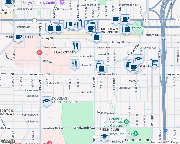 map of restaurants, bars, coffee shops, grocery stores, and more near 719 South 37th Street in Omaha