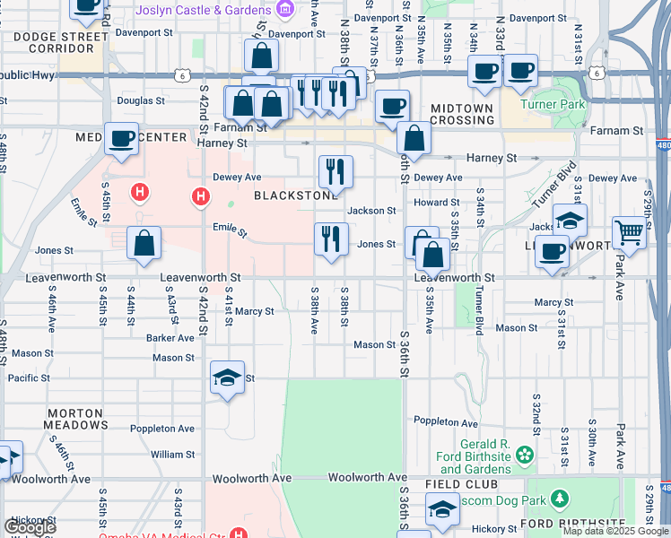 map of restaurants, bars, coffee shops, grocery stores, and more near 3819 Jones Street in Omaha