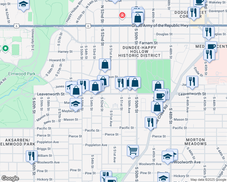 map of restaurants, bars, coffee shops, grocery stores, and more near 5151 Jones Street in Omaha