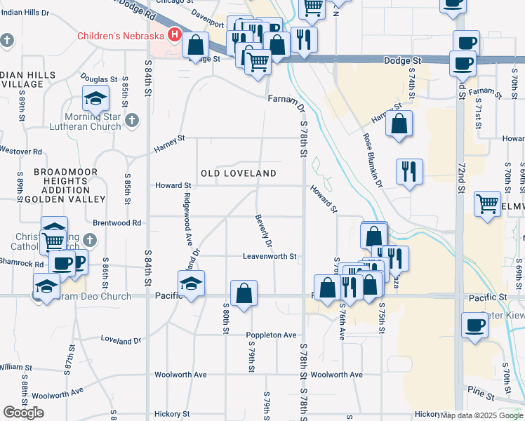 map of restaurants, bars, coffee shops, grocery stores, and more near 517 Beverly Drive in Omaha