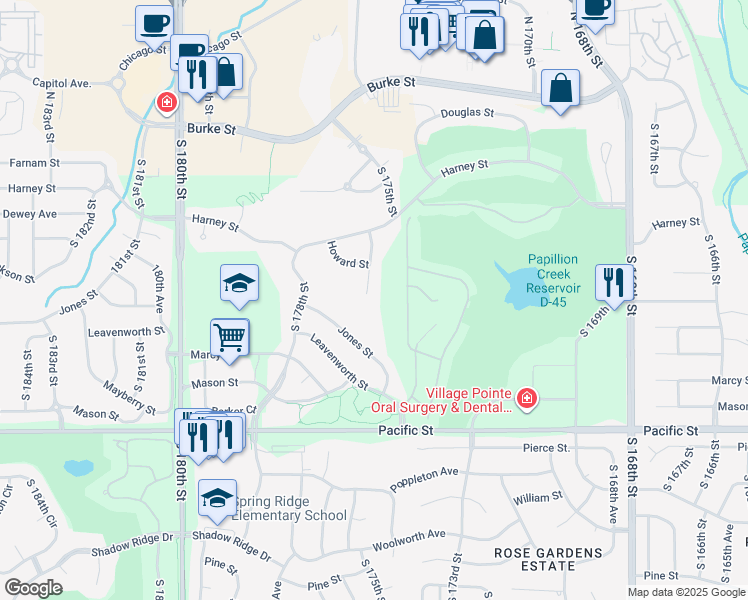 map of restaurants, bars, coffee shops, grocery stores, and more near 569 South 175th Circle in Omaha