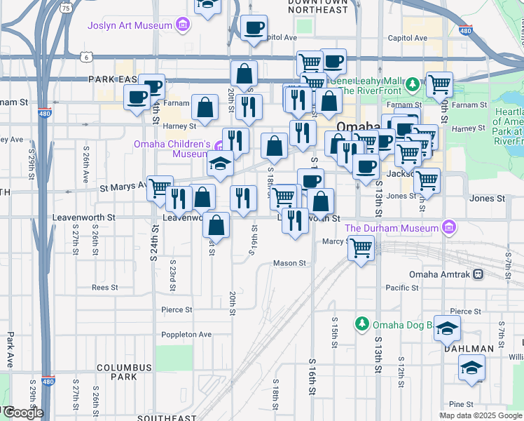 map of restaurants, bars, coffee shops, grocery stores, and more near 1818 Leavenworth Street in Omaha