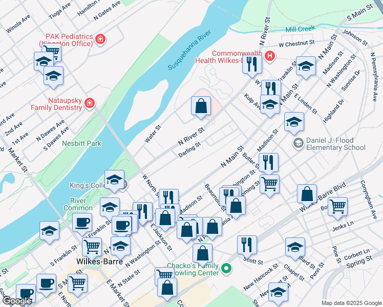 map of restaurants, bars, coffee shops, grocery stores, and more near 115 Darling Street in Wilkes-Barre