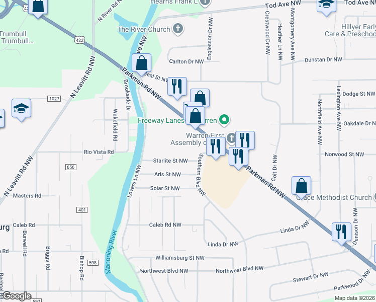 map of restaurants, bars, coffee shops, grocery stores, and more near 1905 Southern Boulevard Northwest in Warren
