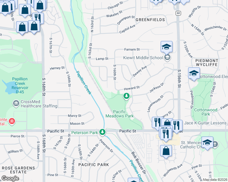 map of restaurants, bars, coffee shops, grocery stores, and more near 15986 Howard Street in Omaha