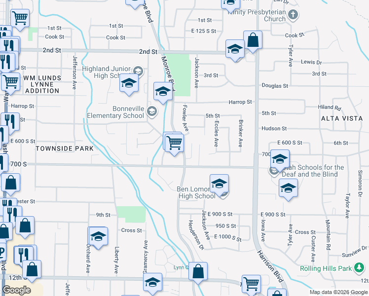 map of restaurants, bars, coffee shops, grocery stores, and more near 638 Monroe Boulevard in Ogden
